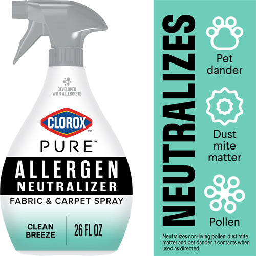 Clorox PURE Allergen Neutralizer spray bottle label close-up with teal accent and 'Neutralizes' infographic panel