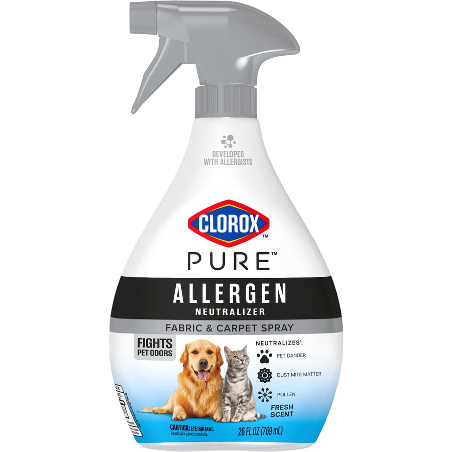 Front view of a Clorox PURE Allergen neutralizer spray bottle showing brand logo, pet images and product details