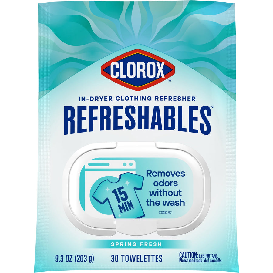 Close-up of Clorox Refreshables Spring Fresh packaging showing brand and towelette lid