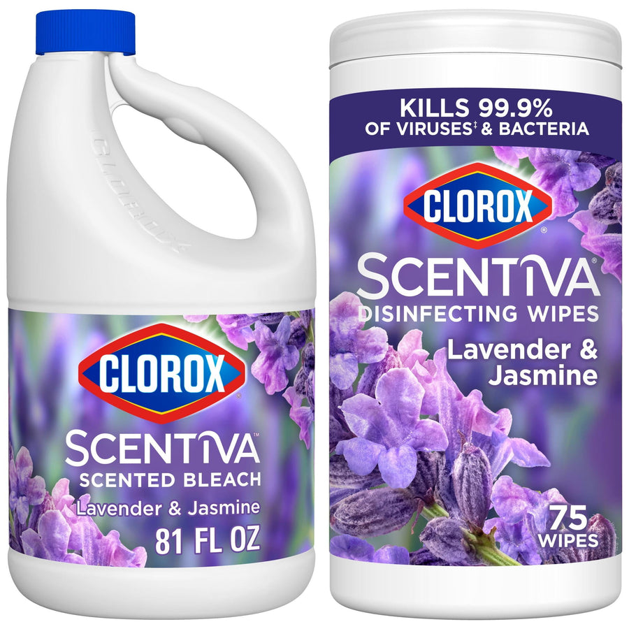 Two Clorox Scentiva products side-by-side: a jug of lavender & jasmine scented bleach and a canister of matching disinfecting wipes.
