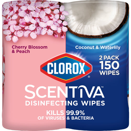 Clorox Scentiva twin-pack wrap showing cherry blossom and coconut artwork with brand logo