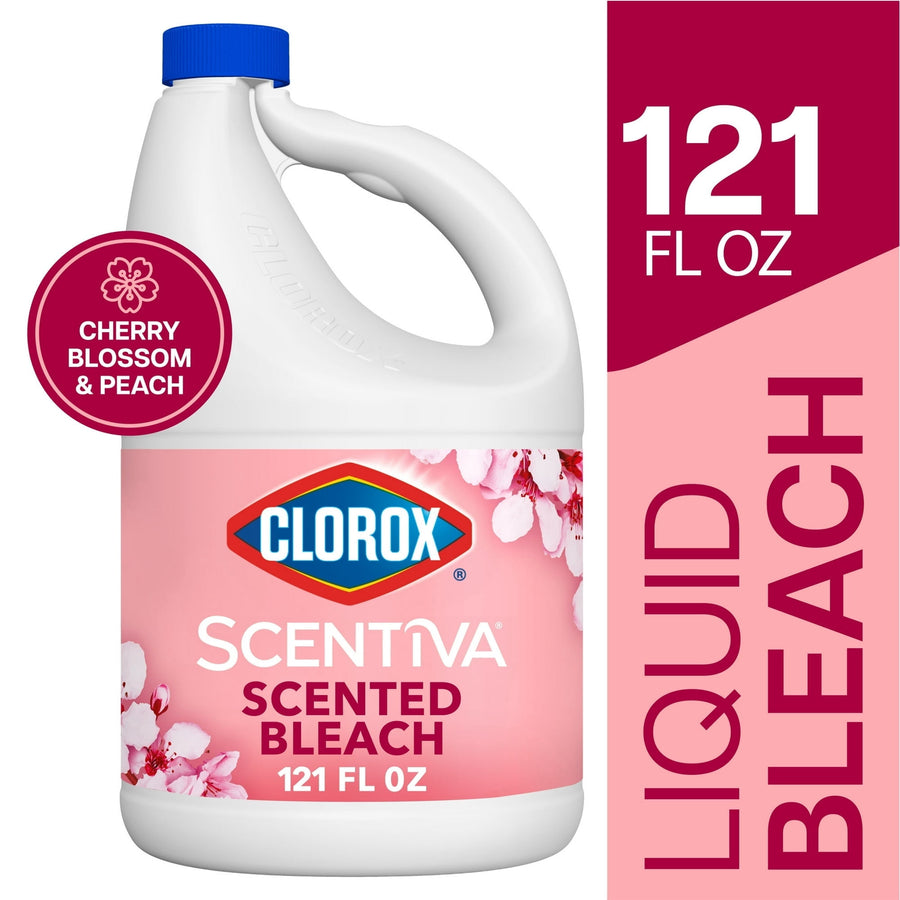 Clorox Scentiva scented bleach jug with cherry blossom & peach label, white bottle and pink product panel.