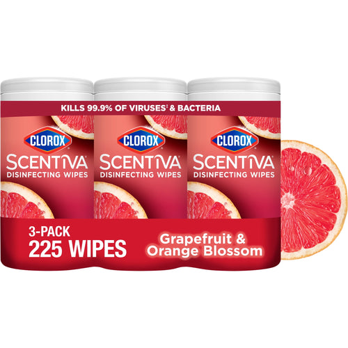 Three-pack of Clorox Scentiva disinfecting wipes in grapefruit & orange blossom packaging with grapefruit slice art