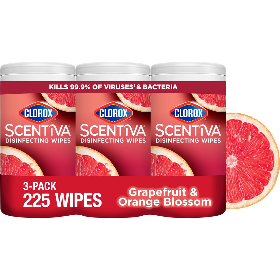 Three-pack of Clorox Scentiva disinfecting wipes in grapefruit & orange blossom packaging with grapefruit slice art