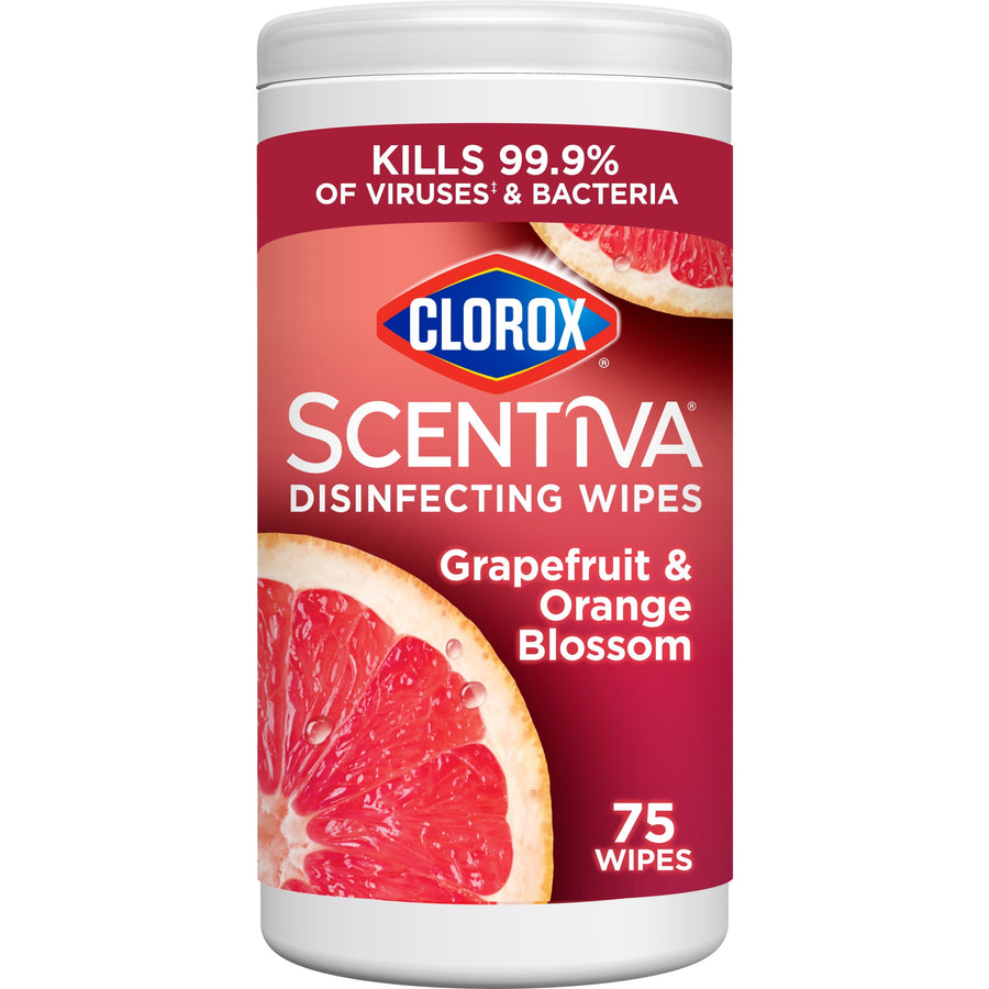 Tall cylindrical canister of Clorox Scentiva disinfecting wipes with grapefruit & orange blossom label and grapefruit image