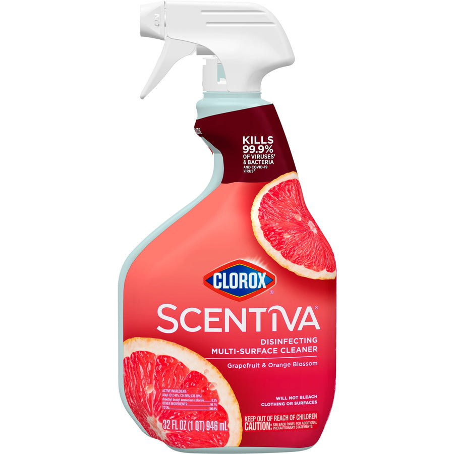 Clorox Scentiva grapefruit multi-surface cleaner spray bottle on white background with grapefruit graphics.
