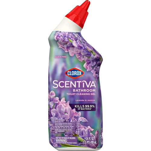 Angled Clorox Scentiva lavender & jasmine toilet cleaning gel bottle showing purple floral packaging and red angled spout