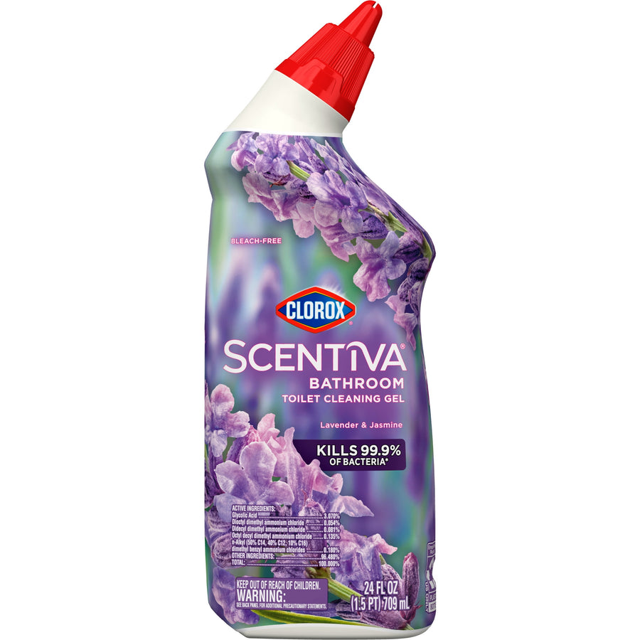 Angled Clorox Scentiva lavender & jasmine toilet cleaning gel bottle showing purple floral packaging and red angled spout