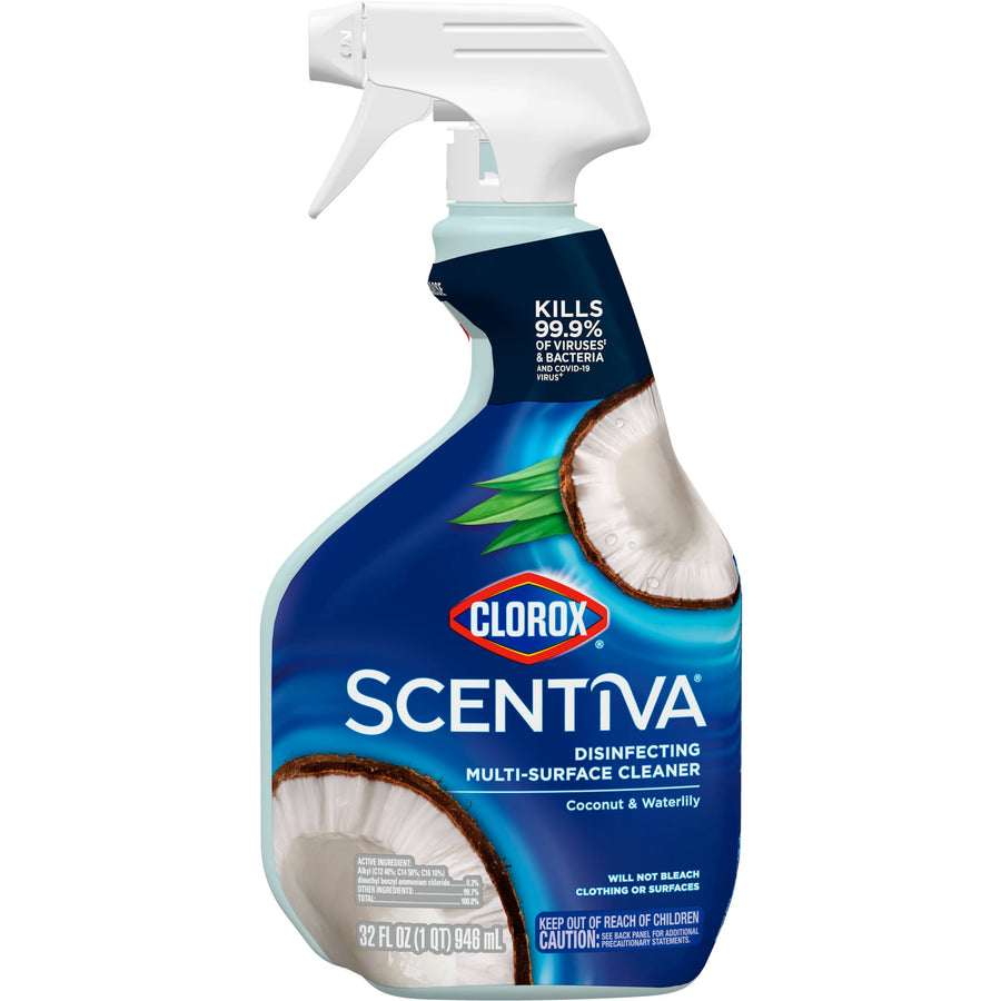 Clorox Scentiva spray bottle showing label artwork with coconut imagery and clean blue background.
