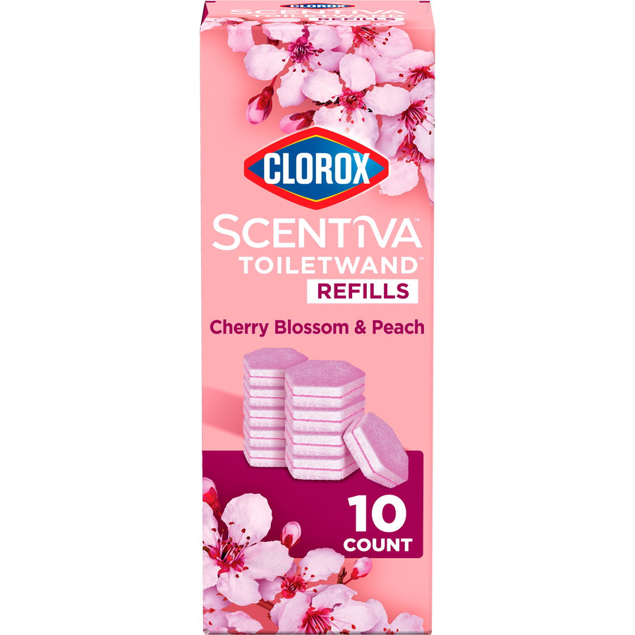 Tall pink Clorox Scentiva ToiletWand refills box with cherry blossom imagery