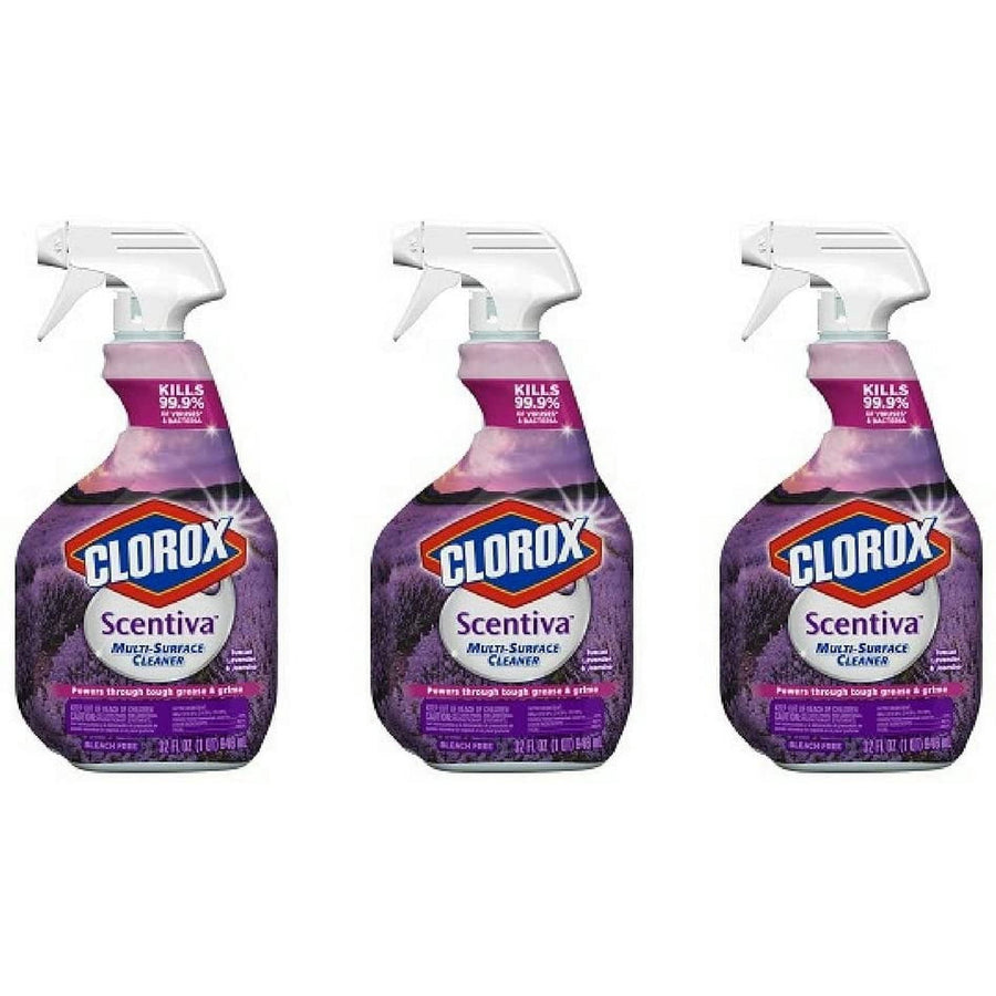 Three Clorox Scentiva Tuscan Lavender & Jasmine multi-surface spray bottles with purple lavender label