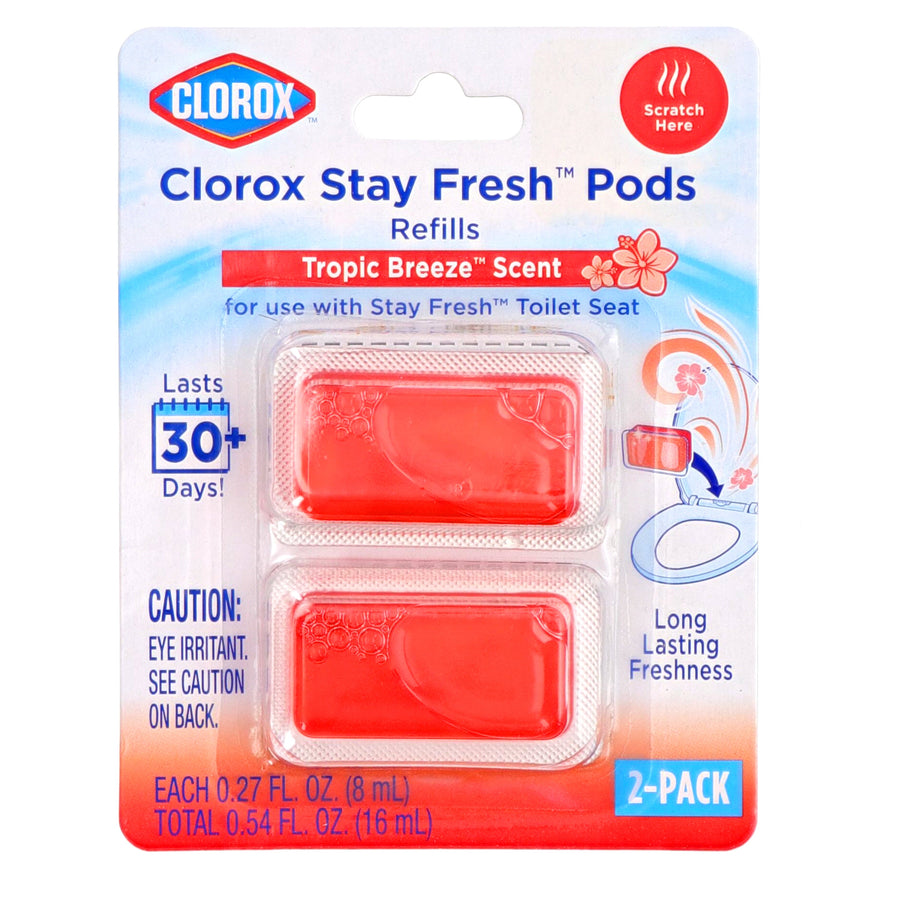 Blister pack of two rectangular red Clorox Stay Fresh Pods refills on Tropic Breeze branded backing card
