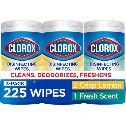 Three-pack of Clorox disinfecting wipes packaging showing brand logo and '225 wipes' callout.