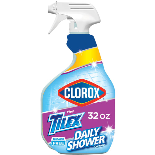 Front-facing Clorox Tilex Daily Shower cleaner spray bottle with large Clorox logo and purple label panel.