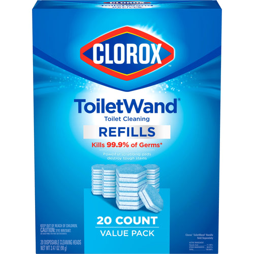 Front-facing Clorox ToiletWand refills value pack box showing brand logo, product name and image of stacked scrubbing pads.