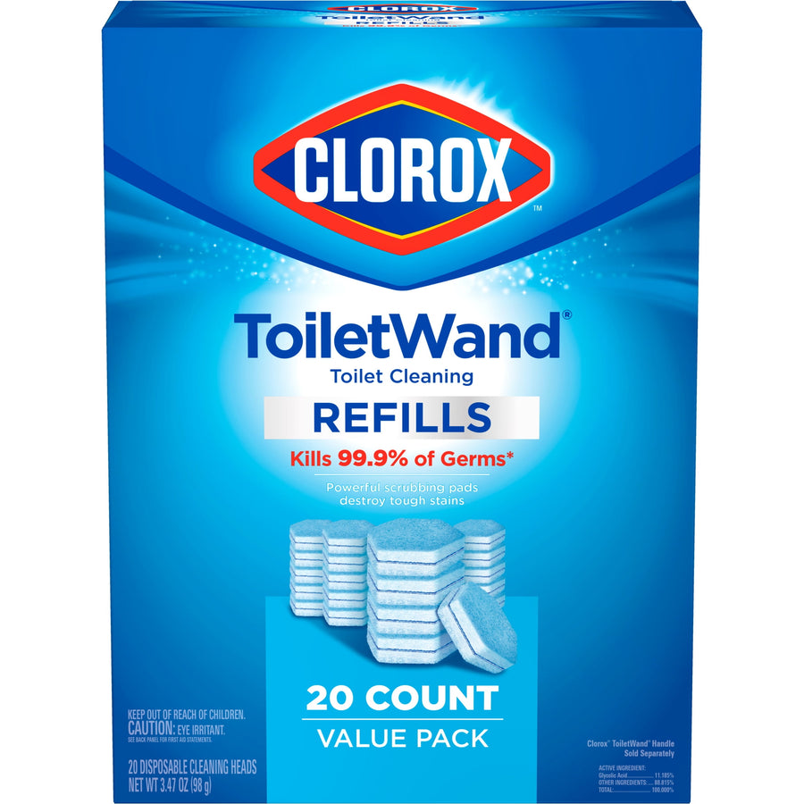 Front-facing Clorox ToiletWand refills value pack box showing brand logo, product name and image of stacked scrubbing pads.