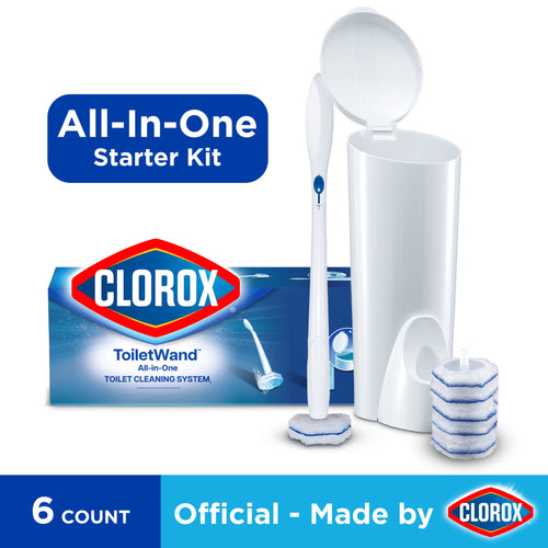 Clorox ToiletWand starter kit with white wand, upright caddy, box and stack of blue-striped disposable scrubbing pads