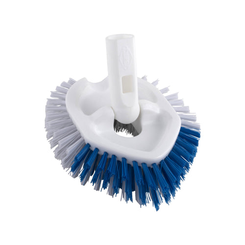 Close-up of a white triangular scrub brush head with blue and white bristles, angled against a white background