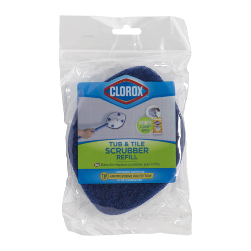 Clear retail package containing a blue Clorox Tub & Tile Scrubber refill pad with branded label and product name