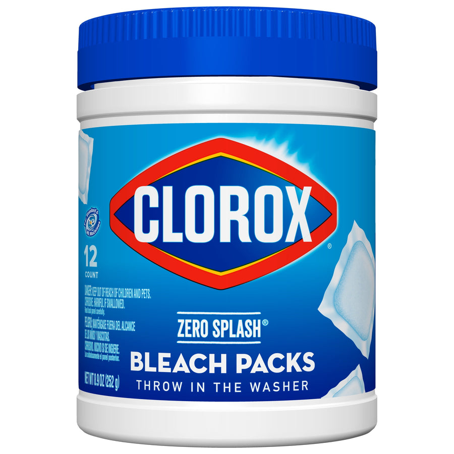 White plastic tub with a blue lid showing Clorox logo and 'Zero Splash Bleach Packs' front label