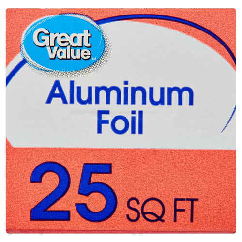 Close-up of Great Value Aluminum Foil packaging highlighting the brand name, “Aluminum Foil” text and a large “25 SQ FT” label.