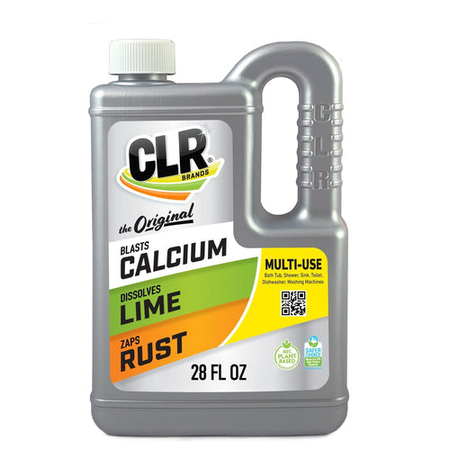 Gray plastic jug of CLR calcium, lime & rust remover with colorful label and 28 fl oz marking