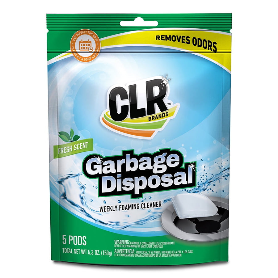 CLR Garbage Disposal weekly foaming cleaner pouch in fresh scent, showing product logo, sink drain and water splash graphics