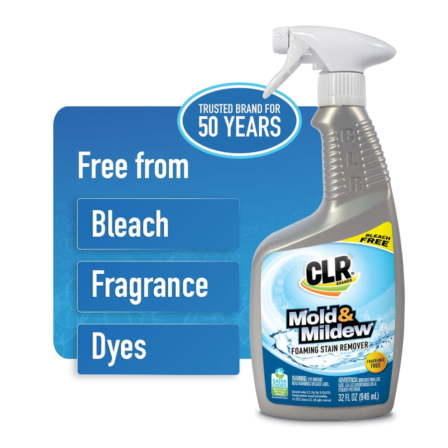 CLR Mold & Mildew foaming stain remover spray bottle shown with blue callouts listing “Free from bleach, fragrance, dyes.”