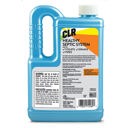 Rear label of a blue CLR Healthy Septic System jug showing usage directions, warnings, and barcode