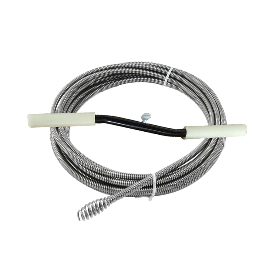 Coiled metal drain auger snake with white handles and a spiral tip, laid flat on a white background