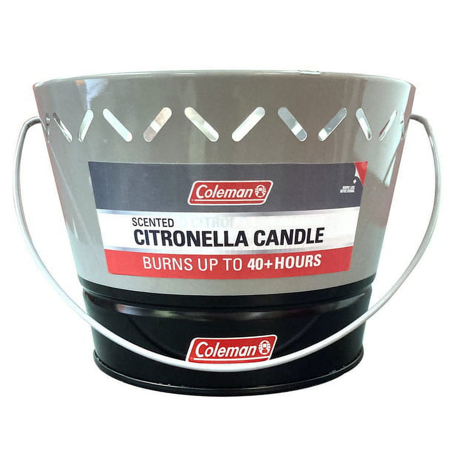 Front view of a gray-and-black Coleman citronella candle bucket with handle and prominent product label