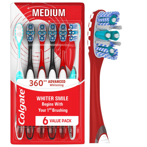 Red Colgate blister pack showing six Colgate 360 Advanced Whitening medium manual toothbrushes with one enlarged toothbrush head at right