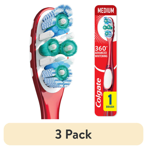 Close-up of a red Colgate 360° Advanced Whitening toothbrush head and retail card showing medium firmness and packaging art