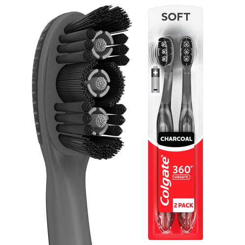 Close-up of a charcoal Colgate toothbrush head alongside packaged Colgate 360° Vibrate charcoal 2-pack