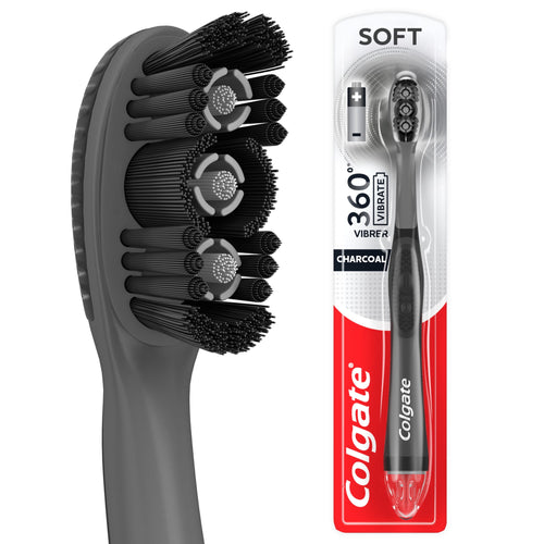 Close-up of a charcoal Colgate 360 vibrate toothbrush head and packaged toothbrush in blister card packaging.