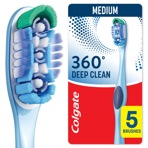 Close-up product card showing Colgate 360° Deep Clean toothbrush head and medium firmness label