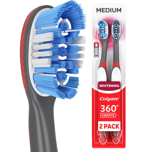 Close-up of Colgate 360 toothbrush head with blue and white bristles beside packaged two-pack of Colgate 360 vibrate toothbrushes