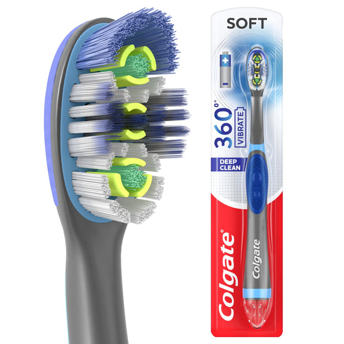 Close-up of a Colgate 360 Vibrate toothbrush head and packaged toothbrush showing soft bristles and Colgate logo