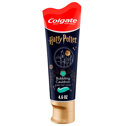 Tube of Colgate Harry Potter Bubbling Cauldron kids toothpaste with navy packaging and red cap, 4.6 oz visible