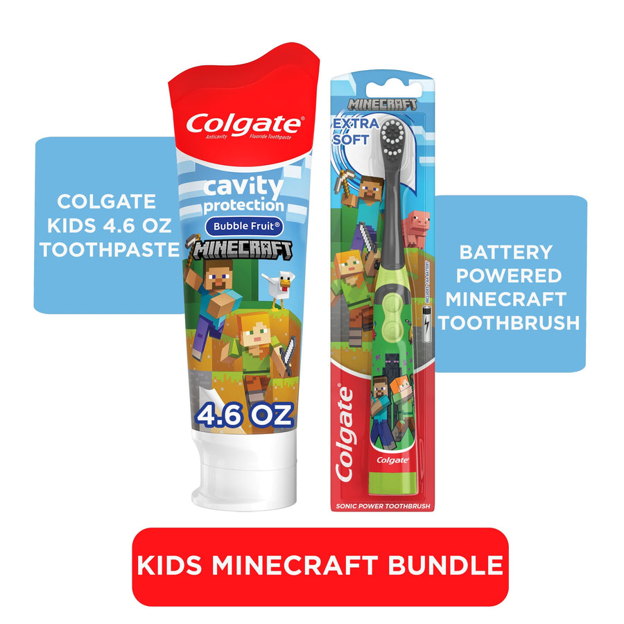 Colgate Minecraft kids bubble-fruit toothpaste tube beside packaged Minecraft battery toothbrush on white background