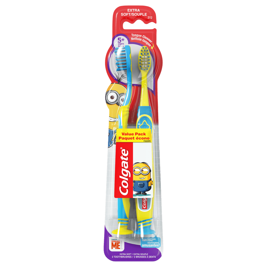 Colgate branded packaged value pack with two Minions-themed kids toothbrushes in blister card