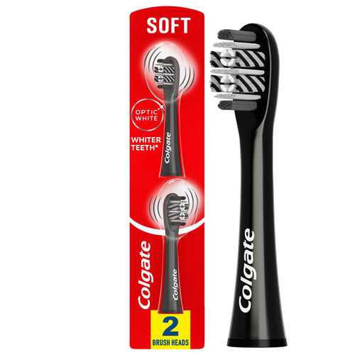 Colgate Optic White black replacement toothbrush heads shown on red retail backing with a large brush head image
