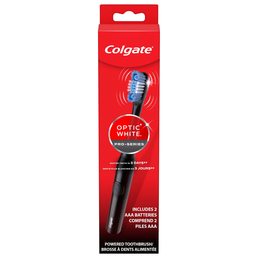 Red retail box showing Colgate Optic White Pro-Series black battery-powered sonic toothbrush with brush head and branding