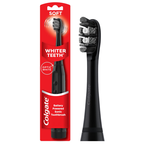 Colgate Optic White black battery-powered sonic toothbrush in red retail packaging and close-up of brush head