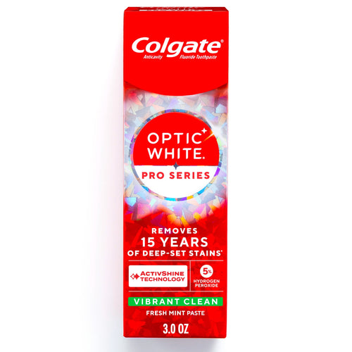 Tall rectangular box of Colgate Optic White Pro Series toothpaste with red holographic design and product claims