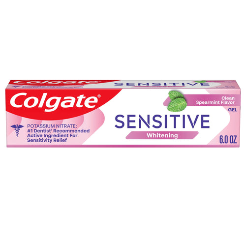 Colgate Sensitive Whitening toothpaste box in pink and white packaging with spearmint graphic