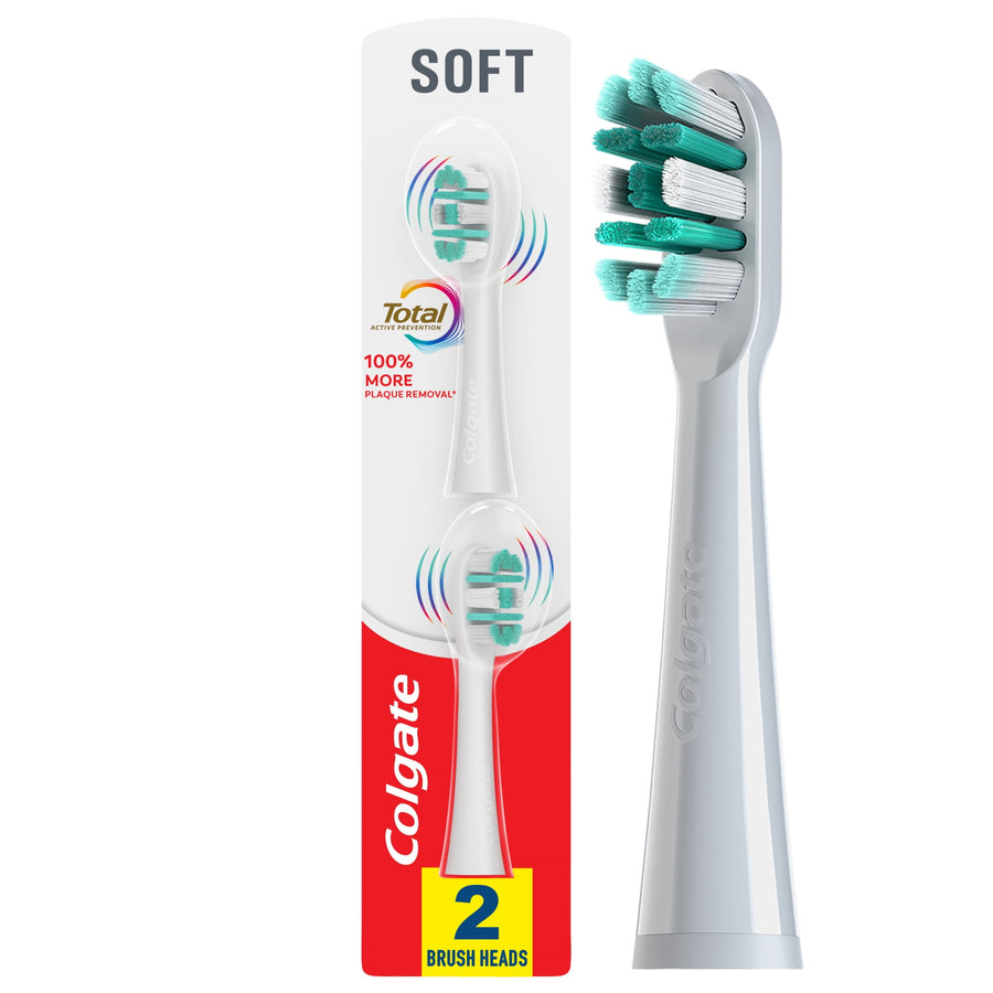 Colgate replacement toothbrush heads packaging showing two soft brush heads and a close-up of one white and teal brush head
