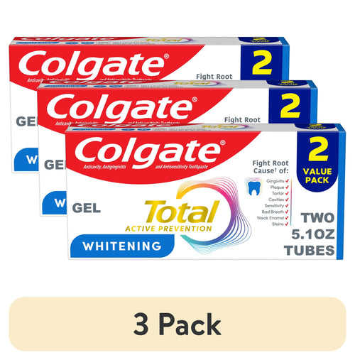 three colgate total active prevention whitening gel toothpaste value-pack boxes labeled two 5.10 oz tubes each with a 3 pack banner
