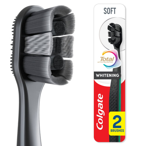 Close-up of a black Colgate Total Active Prevention toothbrush head with dense gray bristles