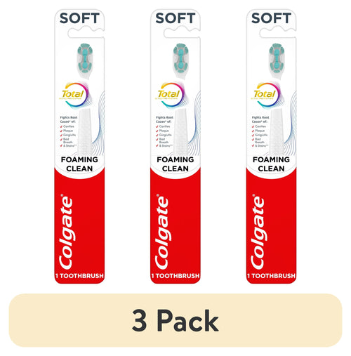 Three Colgate Total Foaming Clean soft toothbrushes shown in blister-style retail packaging with red Colgate panel.